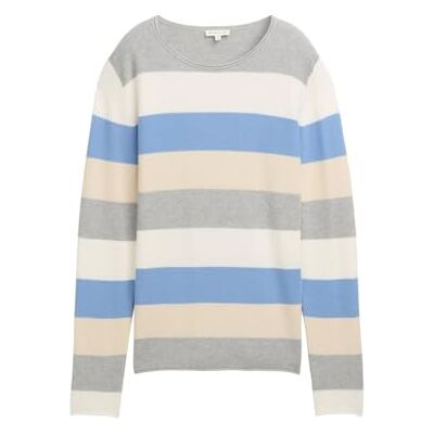 1042952 TOM TAILOR Sweter damski, 37224 – beżowa, niebieska taśma blokowa, L 1042952 TOM TAILOR Sweter damski, 37224 – beżowa, niebieska taśma blokowa, L
