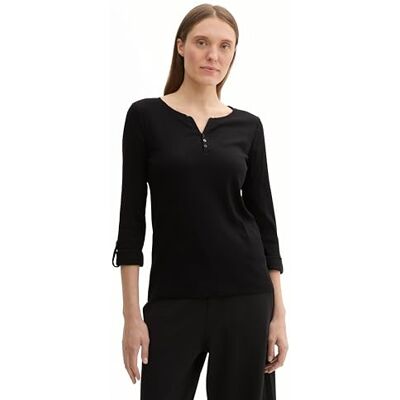 1024036 TOM TAILOR Henley damska koszulka z długim rękawem w paski z bawełny ekologicznej, 14482 – Deep Black, L 1024036 TOM TAILOR Henley damska koszulka z długim rękawem w paski z bawełny ekologicznej, 14482 – Deep Black, L
