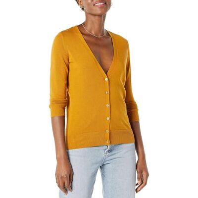 WAE35007FL18-Tbrwn-Large Amazon Essentials Kvinnors Lekki kardigan z dekoltem w serek (dostępny w wersji Plus Size), Musztardowy, L WAE35007FL18-Tbrwn-Large Amazon Essentials Kvinnors Lekki kardigan z dekoltem w serek (dostępny w wersji Plus Size), Musztardowy, L