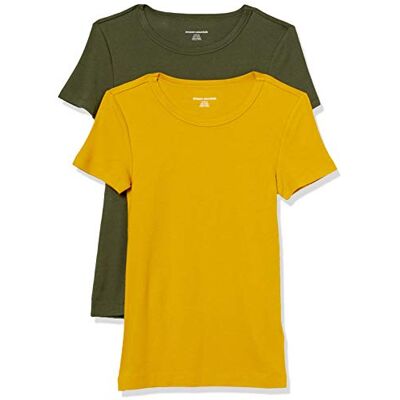 P_AE2998_M2-GLDOL-Small Amazon Essentials Women's Koszulka z krótkim rękawem i okrągłym dekoltem slim fit, Pack of 2, Oliwkowy/Złoty, S P_AE2998_M2-GLDOL-Small Amazon Essentials Women's Koszulka z krótkim rękawem i okrągłym dekoltem slim fit, Pack of 2, Oliwkowy/Złoty, S