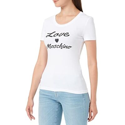 W 4 H19 28 E 1951 Love Moschino Damska koszulka z krótkim rękawem i nadrukiem marki Cursive, Optyczny biały, 48 W 4 H19 28 E 1951 Love Moschino Damska koszulka z krótkim rękawem i nadrukiem marki Cursive, Optyczny biały, 48