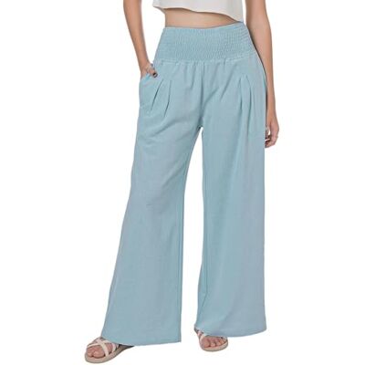 LOFBAZ Damskie letnie zwiewne bawełniane lniane spodnie Palazzo z szerokimi nogawkami plażowe spodnie z wysokim stanem boho długie spodnie wypoczynkowe z kieszeniami, Błękitny, M LOFBAZ Damskie letnie zwiewne bawełniane lniane spodnie Palazzo z szerokimi nogawkami plażowe spodnie z wysokim stanem boho długie spodnie wypoczynkowe z kieszeniami, Błękitny, M