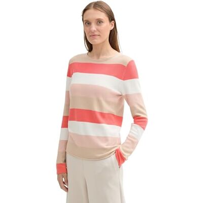 1042952 TOM TAILOR Damski sweter z dzianiny z okrągłym dekoltem, 35085 Różowa czerwona otomana Stripe, L 1042952 TOM TAILOR Damski sweter z dzianiny z okrągłym dekoltem, 35085 Różowa czerwona otomana Stripe, L