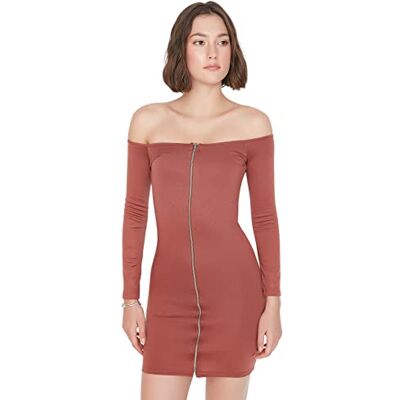 TWOAW23EL00410 Trendyol Damska damska mini sukienka z odkrytymi ramionami z okrągłym dekoltem, brązowa, L, Brązowy, L TWOAW23EL00410 Trendyol Damska damska mini sukienka z odkrytymi ramionami z okrągłym dekoltem, brązowa, L, Brązowy, L