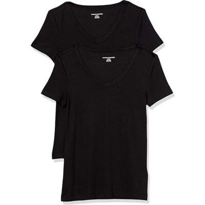 P_AE1458_M2-Bkblk-X-Small Amazon Essentials Women's Koszulka z krótkim rękawem z dekoltem w serek slim fit, Pack of 2, Czarny, XS P_AE1458_M2-Bkblk-X-Small Amazon Essentials Women's Koszulka z krótkim rękawem z dekoltem w serek slim fit, Pack of 2, Czarny, XS