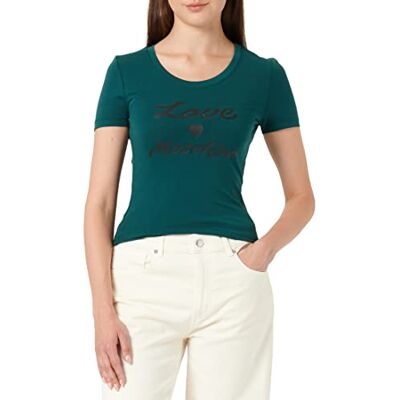 W 4 H19 28 E 1951 Love Moschino Damska koszulka Tight-Fitting Short Sleeves with Cursive Brand Print, zielony, 44 W 4 H19 28 E 1951 Love Moschino Damska koszulka Tight-Fitting Short Sleeves with Cursive Brand Print, zielony, 44