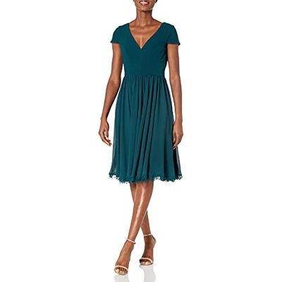 1657-3053-312-XX-Large Dress the Population damska sukienka midi, Corey, głęboki dekolt, Mix Media, rękawy typu cap, o linii A, Sosna, XXL 1657-3053-312-XX-Large Dress the Population damska sukienka midi, Corey, głęboki dekolt, Mix Media, rękawy typu cap, o linii A, Sosna, XXL