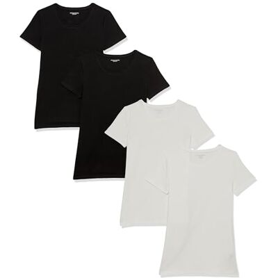 WAE45054SP18-MCB1-X-Small Amazon Essentials Damski T-shirt z krótkim rękawem i okrągłym dekoltem, klasyczny krój, 4 sztuki, czarny/biały, XS WAE45054SP18-MCB1-X-Small Amazon Essentials Damski T-shirt z krótkim rękawem i okrągłym dekoltem, klasyczny krój, 4 sztuki, czarny/biały, XS