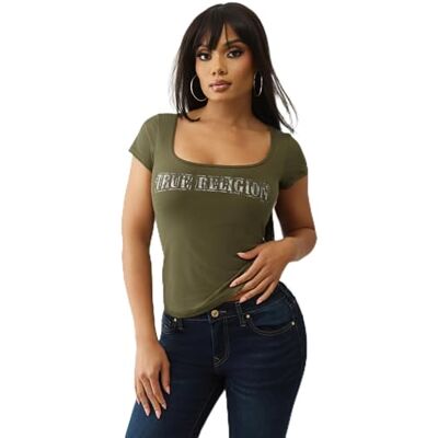 600635 True Religion Damski top z kwadratowym dekoltem moro, zielony, L 600635 True Religion Damski top z kwadratowym dekoltem moro, zielony, L