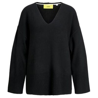 12259235 JACK & JONES Jxlucca sweter damski z dzianiny z dekoltem w serek, Czarny/detal: / Moonbeam Neck Piping, XL 12259235 JACK & JONES Jxlucca sweter damski z dzianiny z dekoltem w serek, Czarny/detal: / Moonbeam Neck Piping, XL