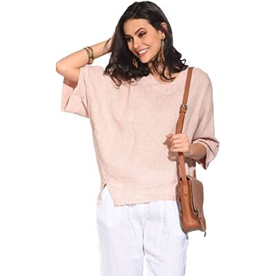 BFTTDP-100248-XL Bonateks damska top 100% lniana tunika Made in Italy, dwumateriałowa koszulka z okrągłym dekoltem z rękawami nietoperza, satyna, rozmiar: XL, Satyna, XL BFTTDP-100248-XL Bonateks damska top 100% lniana tunika Made in Italy, dwumateriałowa koszulka z okrągłym dekoltem z rękawami nietoperza, satyna, rozmiar: XL, Satyna, XL