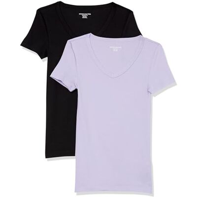 P_AE1458_M2-Lvndr-XX-Large Amazon Essentials Women's Koszulka z krótkim rękawem z dekoltem w serek slim fit, Pack of 2, Czarny/Lawendowy, XXL P_AE1458_M2-Lvndr-XX-Large Amazon Essentials Women's Koszulka z krótkim rękawem z dekoltem w serek slim fit, Pack of 2, Czarny/Lawendowy, XXL