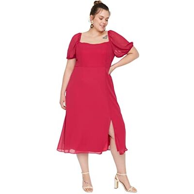 TBBSS22AH0012 Trendyol Damska sukienka o kroju midi o linii A plus size, fuksja, 68 TBBSS22AH0012 Trendyol Damska sukienka o kroju midi o linii A plus size, fuksja, 68