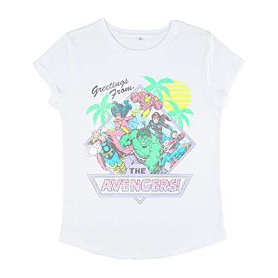 19MARV01360A-162 Marvel Damska koszulka Classic Vacay Avengers Women's Rolled Sleeve, biały, S 19MARV01360A-162 Marvel Damska koszulka Classic Vacay Avengers Women's Rolled Sleeve, biały, S