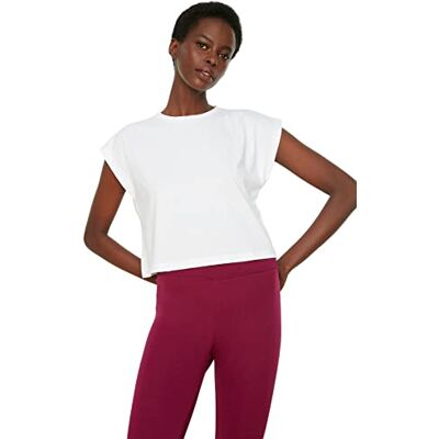 TWOSS22TS0378 Trendyol Damska koszulka Basic Relaxed Basic z okrągłym dekoltem, Ecru, S TWOSS22TS0378 Trendyol Damska koszulka Basic Relaxed Basic z okrągłym dekoltem, Ecru, S
