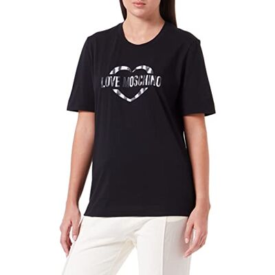 W 4 F15 3U M 3876 Love Moschino Damska koszulka o regularnym kroju z nadrukiem olograficznym w kształcie serca, czarny, 48 W 4 F15 3U M 3876 Love Moschino Damska koszulka o regularnym kroju z nadrukiem olograficznym w kształcie serca, czarny, 48