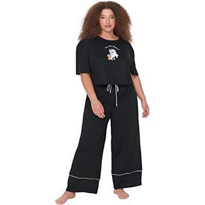 TBBAW23AI00040 Trendyol Damska damska damska z sloganem tkany zestaw piżam plus size, czarna, 5XL (2 sztuki), Czarny TBBAW23AI00040 Trendyol Damska damska damska z sloganem tkany zestaw piżam plus size, czarna, 5XL (2 sztuki), Czarny