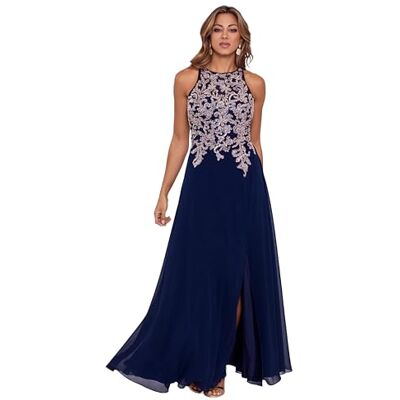 NVR Betsy & Adam Women's Long Chiffon Beaded Halter Dress with Open Back, Navy/Rose NVR Betsy & Adam Women's Long Chiffon Beaded Halter Dress with Open Back, Navy/Rose