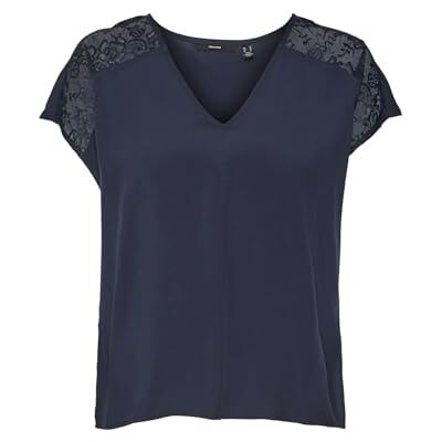 10305954 VERO MODA Vmrusk Lace V-Neck Ss WVN Ga Top damski, granatowy blezer, L 10305954 VERO MODA Vmrusk Lace V-Neck Ss WVN Ga Top damski, granatowy blezer, L