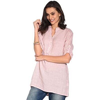 BFTTDP-100170-M Bonateks damska top 100% lniana tunika Made in Italy, bluzka z dekoltem tunezyjskim i zapinanym na guziki długim rękawem, satyna, rozmiar: M, Satyna, M BFTTDP-100170-M Bonateks damska top 100% lniana tunika Made in Italy, bluzka z dekoltem tunezyjskim i zapinanym na guziki długim rękawem, satyna, rozmiar: M, Satyna, M