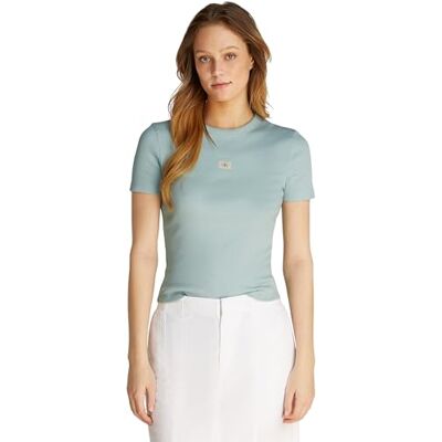 J20J225245CDVXXS Calvin Klein Damska koszulka z krótkim rękawem tkana etykieta slim fit rib, Niebieski (Cloud Blue), XXS J20J225245CDVXXS Calvin Klein Damska koszulka z krótkim rękawem tkana etykieta slim fit rib, Niebieski (Cloud Blue), XXS