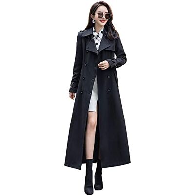 ebossy Damski dwurzędowy trencz Duster, dopasowany, długi, płaszcz maxi, Czarny, XS ebossy Damski dwurzędowy trencz Duster, dopasowany, długi, płaszcz maxi, Czarny, XS