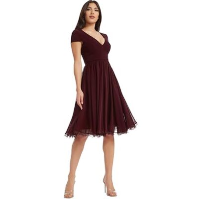 1657-3053-624-M Dress the Population damska sukienka midi, Corey, głęboki dekolt, Mix Media, rękawy typu cap, o linii A, Burgund, M 1657-3053-624-M Dress the Population damska sukienka midi, Corey, głęboki dekolt, Mix Media, rękawy typu cap, o linii A, Burgund, M