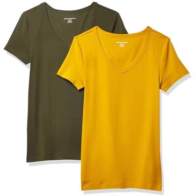 P_AE1458_M2-GLDOL-X-Small Amazon Essentials Women's Koszulka z krótkim rękawem z dekoltem w serek slim fit, Pack of 2, Oliwkowy/Złoty, XS P_AE1458_M2-GLDOL-X-Small Amazon Essentials Women's Koszulka z krótkim rękawem z dekoltem w serek slim fit, Pack of 2, Oliwkowy/Złoty, XS