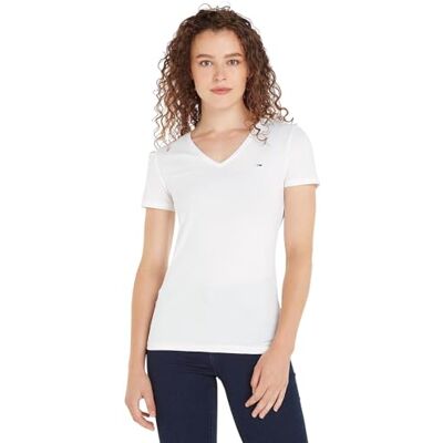 DW0DW09197 Tommy Jeans Damskie dzianinowe topy Tjw Skinny Stretch V Neck S/S, biały, XS DW0DW09197 Tommy Jeans Damskie dzianinowe topy Tjw Skinny Stretch V Neck S/S, biały, XS