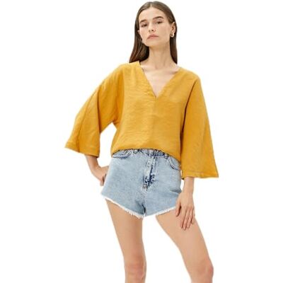 3SAK60010CW Koton Damska bluza z krótkim rękawem i dekoltem w serek, Mustard (195), 38 3SAK60010CW Koton Damska bluza z krótkim rękawem i dekoltem w serek, Mustard (195), 38