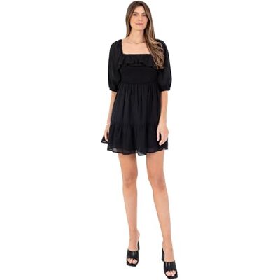 PL9-0353 Lovedrobe damska sukienka mini kwadratowy dekolt krótki rękaw puff fit and flare Skater A-Line Casual Shirred Stan Smock czarny 46, czarny, 44 PL9-0353 Lovedrobe damska sukienka mini kwadratowy dekolt krótki rękaw puff fit and flare Skater A-Line Casual Shirred Stan Smock czarny 46, czarny, 44