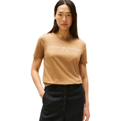 WW0WW40276 TOMMY HILFIGER Damski top z dzianiny z krótkim rękawem, Brązowy (hikory), XXS WW0WW40276 TOMMY HILFIGER Damski top z dzianiny z krótkim rękawem, Brązowy (hikory), XXS