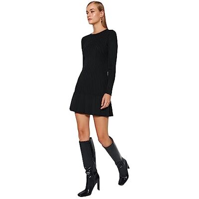 TWOAW24EL00013 Trendyol FeMan Sukienka z dzianiny o kroju trapezowym, czarna, M, Czarny, M TWOAW24EL00013 Trendyol FeMan Sukienka z dzianiny o kroju trapezowym, czarna, M, Czarny, M