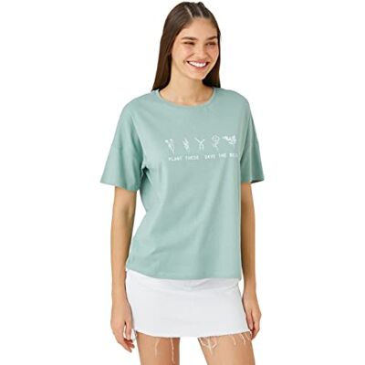 3SAL10116IK Koszulka z krótkim rękawem Koton Slogan Printed Crew Neck, Koszulka damska, Grün (752), Grün (752), XS 3SAL10116IK Koszulka z krótkim rękawem Koton Slogan Printed Crew Neck, Koszulka damska, Grün (752), Grün (752), XS