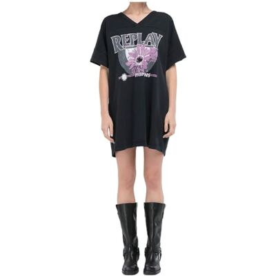 W9144 .000.23398G Replay Damska sukienka oversize z bawełny, 098 BLACK, XXS W9144 .000.23398G Replay Damska sukienka oversize z bawełny, 098 BLACK, XXS