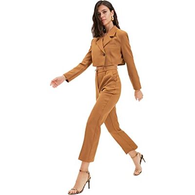 TWOAW22PL0040 TRENDYOL Spodnie zielone szerokie nogawki, brązowy, 38 TWOAW22PL0040 TRENDYOL Spodnie zielone szerokie nogawki, brązowy, 38