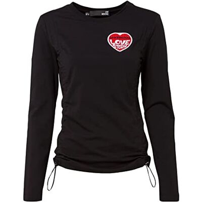 W 4 H76 80 E 1951 Love Moschino Obcisła koszulka damska z długimi rękawami z bokami, zawijane logo, elastyczny sznurek i haftowana naszywka z sercem Love Storm, Czarny, 68 W 4 H76 80 E 1951 Love Moschino Obcisła koszulka damska z długimi rękawami z bokami, zawijane logo, elastyczny sznurek i haftowana naszywka z sercem Love Storm, Czarny, 68