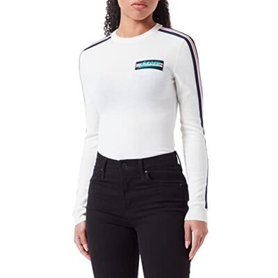 W S M38 90 X 1495 Love Moschino Damski sweter slim fit z długim rękawem z okrągłym dekoltem z paskami i naszywkami, biały, 48 W S M38 90 X 1495 Love Moschino Damski sweter slim fit z długim rękawem z okrągłym dekoltem z paskami i naszywkami, biały, 48