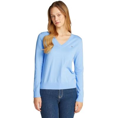 WW0WW40098 Tommy Hilfiger Damski sweter CO Jersey Stitch V-NK Sweter, niebieski, XXS, Niebieski (statek niebieski), XXS WW0WW40098 Tommy Hilfiger Damski sweter CO Jersey Stitch V-NK Sweter, niebieski, XXS, Niebieski (statek niebieski), XXS
