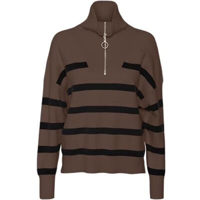 10269246 VERO MODA Vmsaba Stripe Ls Highneck Blouse Ga Noos sweter z dzianiny, Pinecone/Stripes:black, XXL 10269246 VERO MODA Vmsaba Stripe Ls Highneck Blouse Ga Noos sweter z dzianiny, Pinecone/Stripes:black, XXL