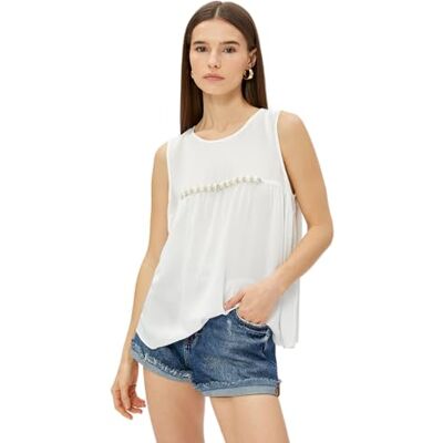 3SAK60067CW Koton Damska bluza bez rękawów Crew Neck Bead Embellished, Off White (001), 44 3SAK60067CW Koton Damska bluza bez rękawów Crew Neck Bead Embellished, Off White (001), 44