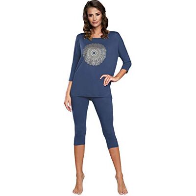 Italian Fashion IF dwuczęściowy damski rękaw 3/4 legginsy 3/4 wiskoza elegancka seksowna wygodna letnia piżama, niebieski/złoty, M Italian Fashion IF dwuczęściowy damski rękaw 3/4 legginsy 3/4 wiskoza elegancka seksowna wygodna letnia piżama, niebieski/złoty, M