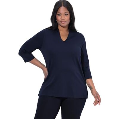 823075 Ulla Popken Damska koszulka duże rozmiary, plus size, linia A, kołnierz kielichowy, rękaw 3/4, bawełna Pima Cotton 823075 Ulla Popken Damska koszulka duże rozmiary, plus size, linia A, kołnierz kielichowy, rękaw 3/4, bawełna Pima Cotton