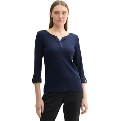 1024036 TOM TAILOR Henley damska koszulka z długim rękawem w paski z bawełny ekologicznej, 10668 Sky Captain Blue, M 1024036 TOM TAILOR Henley damska koszulka z długim rękawem w paski z bawełny ekologicznej, 10668 Sky Captain Blue, M