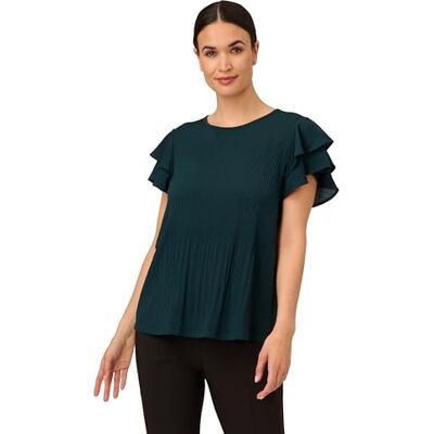 AD1S301096 Adrianna Papell Women's Pleated Knit Double Sleeve TOP, Dark Evergreen/Black Seed Dot AD1S301096 Adrianna Papell Women's Pleated Knit Double Sleeve TOP, Dark Evergreen/Black Seed Dot