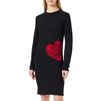 W S E08 10 X A125 Love Moschino Damska sukienka z długim rękawem, z otomanu, haftowana, wełniana, kaszmirowa, czarny, 48 W S E08 10 X A125 Love Moschino Damska sukienka z długim rękawem, z otomanu, haftowana, wełniana, kaszmirowa, czarny, 48