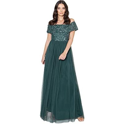 AZBR67-MAXI Maya Deluxe Damska Mglisty Zielony Bardot Zdobiona Sukienka Maxi Druhna, zieony (Szmaragdowa zieleń), 44 EU AZBR67-MAXI Maya Deluxe Damska Mglisty Zielony Bardot Zdobiona Sukienka Maxi Druhna, zieony (Szmaragdowa zieleń), 44 EU