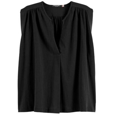 U9A00685T Drapey T-shirt z dekoltem w serek, czarny 001, S U9A00685T Drapey T-shirt z dekoltem w serek, czarny 001, S