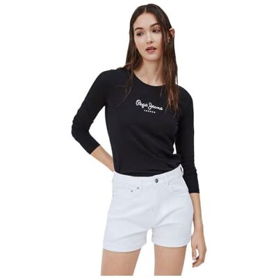 PL502755 Pepe Jeans London New Virginia LS N Damska Koszulka Slim Fit z Długim Rękawem, bawełna stretch, okrągły dekolt, z logo, czarna PL502755 Pepe Jeans London New Virginia LS N Damska Koszulka Slim Fit z Długim Rękawem, bawełna stretch, okrągły dekolt, z logo, czarna