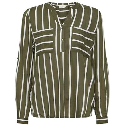 KAF0816005000003 KAFFE Damska bluzka w paski V-Notch Długi rękaw Regular Fit Piersi, Liść winogronowy/pasek chalkowy, 36 KAF0816005000003 KAFFE Damska bluzka w paski V-Notch Długi rękaw Regular Fit Piersi, Liść winogronowy/pasek chalkowy, 36